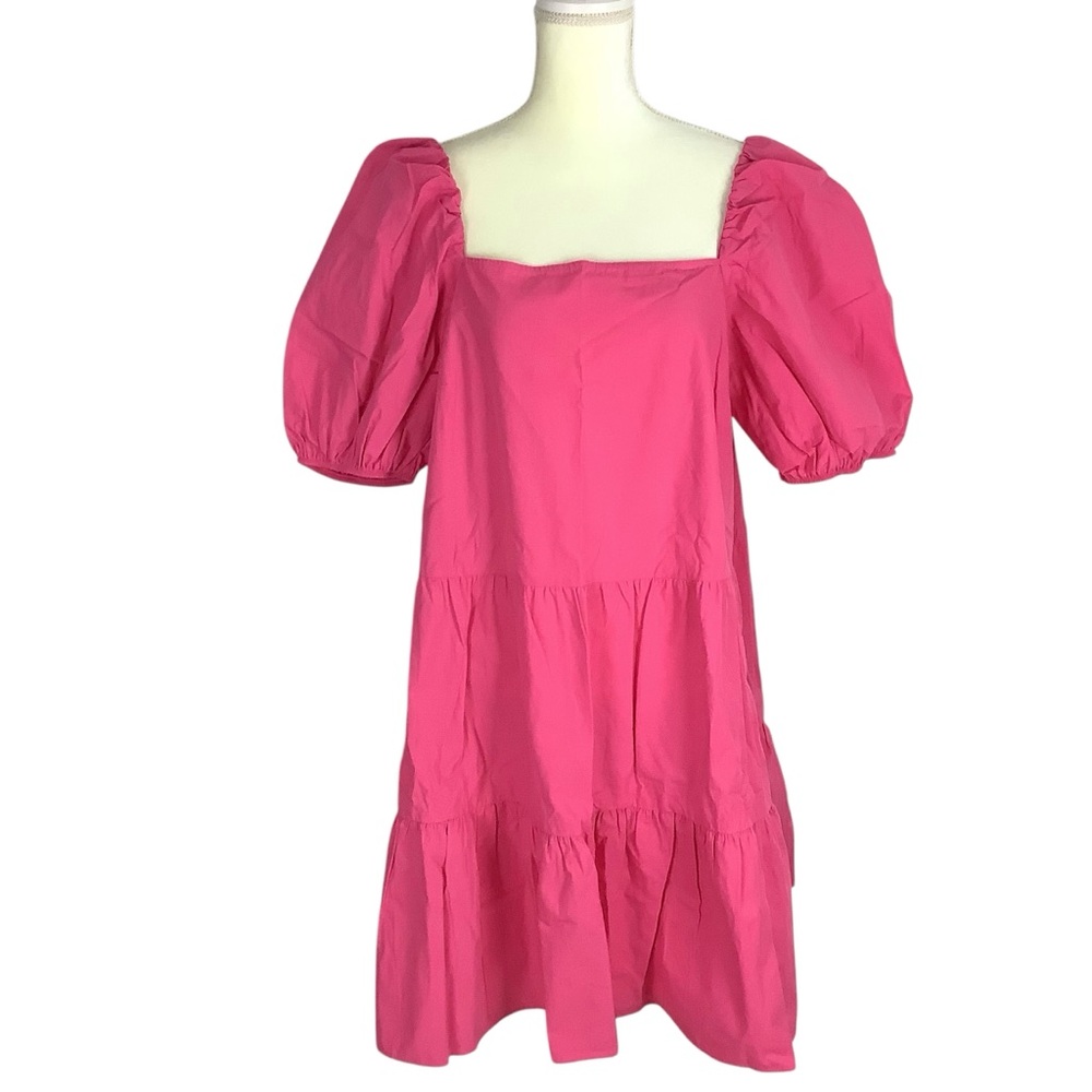H&M Poplin Pink Barbie Puff Sleeve Tiered Babydoll Dress Women's L Bloggers Fave